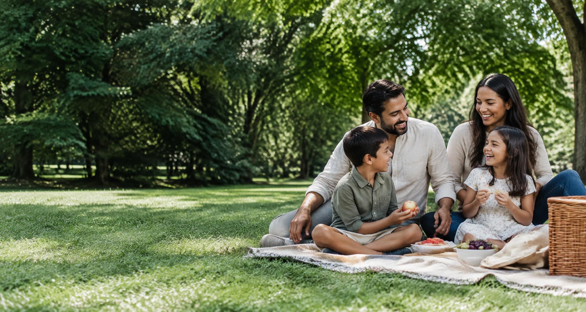 Parents and their two children sharing a happy afternoon together in a green park